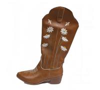 FQLGJMY donna mezzo vitello ginocchio alto cowboy combattere stivali Vintage etnico fiore design in pelle pizzo fino tondo dita del piede grosso tacchi bassi stivali da cavallo Boho inverno autunno