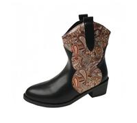 FQLGJMY donna mezzo vitello ginocchio alto cowboy combattere stivali Vintage etnico fiore design in pelle pizzo fino tondo dita del piede grosso tacchi bassi stivali da cavallo Boho inverno autunno