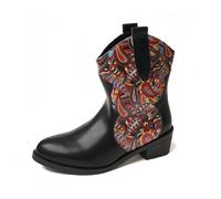 FQLGJMY donna mezzo vitello ginocchio alto cowboy combattere stivali Vintage etnico fiore design in pelle pizzo fino tondo dita del piede grosso tacchi bassi stivali da cavallo Boho inverno autunno