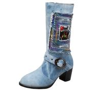 FQLGJMY donna mezzo vitello ginocchio alto cowboy combattere stivali Vintage etnico fiore design in pelle pizzo fino tondo dita del piede grosso tacchi bassi stivali da cavallo Boho inverno autunno