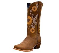 FQLGJMY donna mezzo vitello ginocchio alto cowboy combattere stivali Vintage etnico fiore design in pelle pizzo fino tondo dita del piede grosso tacchi bassi stivali da cavallo Boho inverno autunno
