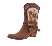 FQLGJMY donna mezzo vitello ginocchio alto cowboy combattere stivali Vintage etnico fiore design in pelle pizzo fino tondo dita del piede grosso tacchi bassi stivali da cavallo Boho inverno autunno