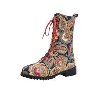 FQLGJMY donna mezzo vitello ginocchio alto cowboy combattere stivali Vintage etnico fiore design in pelle pizzo fino tondo dita del piede grosso tacchi bassi stivali da cavallo Boho inverno autunno
