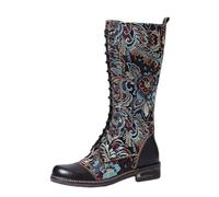 FQLGJMY donna mezzo vitello ginocchio alto cowboy combattere stivali Vintage etnico fiore design in pelle pizzo fino tondo dita del piede grosso tacchi bassi stivali da cavallo Boho inverno autunno