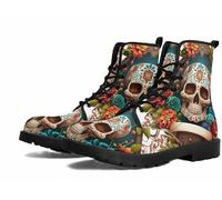 FQLGJMY Le Mie Donne Caviglia Stivali Goth Cranio Rosa Floral Fiamme Laccato Pelle Leggeri da Combattimento Intorno alla Piattaforma con Jeans Abbigliamento Moda Casual Viaggio Quotidiano Festa