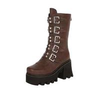 FQLGJMY Stivali da ginocchio con piattaforma a cuneo alto con tacco piattaforma grosso Lace Up & Zipper Punk Goth Stivali da combattimento di vitello medio Stivali da moto con fibbie in metallo