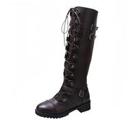 FQLGJMY Stivali da ginocchio con piattaforma a cuneo alto con tacco piattaforma grosso Lace Up & Zipper Punk Goth Stivali da combattimento di vitello medio Stivali da moto con fibbie in metallo