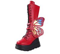 FQLGJMY Stivali da ginocchio con piattaforma a cuneo alto con tacco piattaforma grosso Lace Up & Zipper Punk Goth Stivali da combattimento di vitello medio Stivali da moto con fibbie in metallo