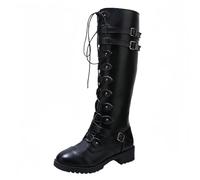 FQLGJMY Stivali da ginocchio con piattaforma a cuneo alto con tacco piattaforma grosso Lace Up & Zipper Punk Goth Stivali da combattimento di vitello medio Stivali da moto con fibbie in metallo