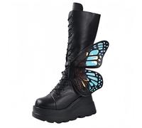 FQLGJMY Stivali da ginocchio con piattaforma a cuneo alto con tacco piattaforma grosso Lace Up & Zipper Punk Goth Stivali da combattimento di vitello medio Stivali da moto con fibbie in metallo