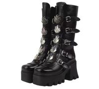 FQLGJMY Stivali da ginocchio con piattaforma a cuneo alto con tacco piattaforma grosso Lace Up & Zipper Punk Goth Stivali da combattimento di vitello medio Stivali da moto con fibbie in metallo