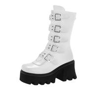 FQLGJMY Stivali da ginocchio con piattaforma a cuneo alto con tacco piattaforma grosso Lace Up & Zipper Punk Goth Stivali da combattimento di vitello medio Stivali da moto con fibbie in metallo
