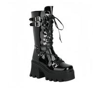 FQLGJMY Stivali da ginocchio con piattaforma a cuneo alto con tacco piattaforma grosso Lace Up & Zipper Punk Goth Stivali da combattimento di vitello medio Stivali da moto con fibbie in metallo