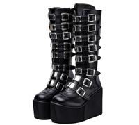 FQLGJMY Stivali da ginocchio con piattaforma a cuneo alto con tacco piattaforma grosso Lace Up & Zipper Punk Goth Stivali da combattimento di vitello medio Stivali da moto con fibbie in metallo