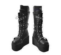 FQLGJMY Stivali da ginocchio con piattaforma a cuneo alto con tacco piattaforma grosso Lace Up & Zipper Punk Goth Stivali da combattimento di vitello medio Stivali da moto con fibbie in metallo