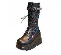 FQLGJMY Stivali da ginocchio con piattaforma a cuneo alto con tacco piattaforma grosso Lace Up & Zipper Punk Goth Stivali da combattimento di vitello medio Stivali da moto con fibbie in metallo