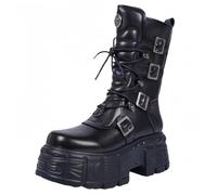 FQLGJMY Stivali da ginocchio con piattaforma a cuneo alto con tacco piattaforma grosso Lace Up & Zipper Punk Goth Stivali da combattimento di vitello medio Stivali da moto con fibbie in metallo
