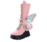 FQLGJMY Stivali da ginocchio con piattaforma a cuneo alto con tacco piattaforma grosso Lace Up & Zipper Punk Goth Stivali da combattimento di vitello medio Stivali da moto con fibbie in metallo