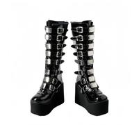 FQLGJMY Stivali da ginocchio con piattaforma a cuneo alto con tacco piattaforma grosso Lace Up & Zipper Punk Goth Stivali da combattimento di vitello medio Stivali da moto con fibbie in metallo