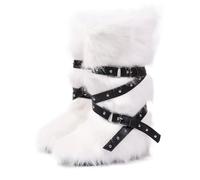 FQLGJMY Stivali da neve in pelle falsa ginocchio alta/mezzo vitello con cinghie a rivetto cravatta pelosa pelosa comoda scarpe invernali punta rotonda in camomile pelliccia calda foderata Y2K stivale