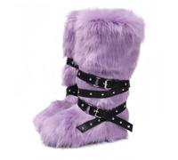 FQLGJMY Stivali da neve in pelle falsa ginocchio alta/mezzo vitello con cinghie a rivetto cravatta pelosa pelosa comoda scarpe invernali punta rotonda in camomile pelliccia calda foderata Y2K stivale