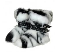 FQLGJMY Stivali da neve in pelle falsa ginocchio alta/mezzo vitello con cinghie a rivetto cravatta pelosa pelosa comoda scarpe invernali punta rotonda in camomile pelliccia calda foderata Y2K stivale