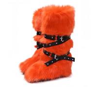 FQLGJMY Stivali da neve in pelle falsa ginocchio alta/mezzo vitello con cinghie a rivetto cravatta pelosa pelosa comoda scarpe invernali punta rotonda in camomile pelliccia calda foderata Y2K stivale