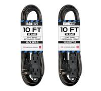 FQQF 2 Pack of 10 Ft Extension Cords with 3 Electrical Power Outlets - 16/3 Durable Black Extension Cord Pack