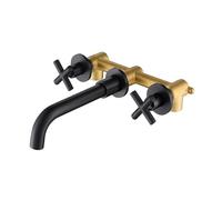 FQYEP Rubinetto A Muro per Lavatoio Doppia Maniglia Miscelatore Lavabo Bagno 3 Fori Girevole Ottone,Nero