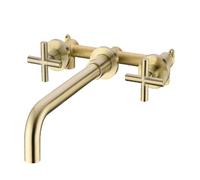 FQYEP Rubinetto A Muro per Lavatoio Doppia Maniglia Miscelatore Lavabo Bagno 3 Fori Girevole Ottone,Oro Spazzolato