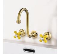 FQYEP Rubinetto A Muro per Lavatoio Doppia Maniglia Rubinetto Bagno Lavabo 3 Fori Vintage Ottone,Golden A