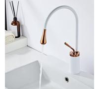 FQYEP Rubinetto Bagno Lavabo in Ottone Tipo Goccia Bianco + Oro Rosa 37,5CM | Rubinetto Lavabo Alto Girevole A 360° Acqua Calda E Fredda Monoforo Maniglia Singola