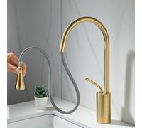FQYEP Rubinetto Lavabo Artistico Creativo In Ottone Oro Spazzolato | Modello Corto Rubinetto Miscelatore Acqua Calda E Fredda Estraibile Girevole A 360° Adatto per Isola E Cucine
