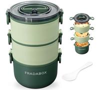 FRADABOX® Bento - Contenitore per il pranzo "Elliot", 2400 ml, 3 ripiani con posate, in acciaio inox di alta qualità, verde, senza BPA, grande, per adulti, a prova di perdite e adatto al microonde