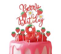 Fragola 9 candele di compleanno, fragola rossa numero 9 candela per torta, bacca rossa accessori per torta di compleanno con fiori bianchi, tema fragola per ragazze e ragazzi 9th compleanno