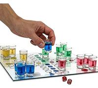 Framan Set del Paris con bicchierini per bere. Classico gioco del ludo con 15 bicchierini da liquore, piano in vetro e 2 dadi, 33 x 33 cm