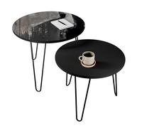 framed concept Tavolino rotondo 50/60 cm e set da 2 pezzi, tavolo di design con stampa UV e vernice trasparente - gambe Harpin - Loft industriale - nero bianco artisano - soggiorno studio ufficio