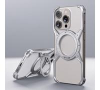 Frameless Magnetic Metal Case for iPhone 16 Pro Max with Stand[Rotatable Ring Kickstand] Bezel Less Minimalist Luxury Metal Heat Dissipation Slim Shockproof Case for Men Women (16 Pro Max,Silver)