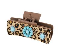 Framendino, 1 fermaglio per capelli con pietra blu turchese occidentale con motivo leopardato marrone in pelle PU grande rettangolare clip per capelli
