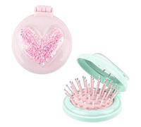 Framendino, Confezione da 2 spazzole per capelli pieghevoli da viaggio a forma di cuore con specchio glitterato, mini pettine portatile carino massaggiante compatto rosa e blu