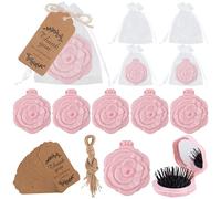 Framendino, Confezione da 20 pennelli compatti a forma di rosa, per bomboniere di matrimonio, con specchietto tascabile, pettine, etichetta di ringraziamento, sacchetto in organza e spago di iuta, per
