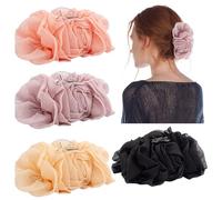 Framendino, Confezione da 4 grandi fermagli per capelli in chiffon plissettato per uso quotidiano a forma di rosa, per capelli ricci e lisci da donna