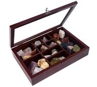 FramePro Rock Collection Box per bambini, vetrina con ripiani, in legno con coperchio in vero vetro, per roccia, onice, cristalli, fossili, manufatti, conchiglie (marrone-rossastro)