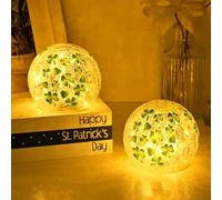 FRAMICS 2 decorazioni per il giorno di San Patrizio da 10,2 cm, luce notturna a globo con timer, trifoglio craquelé, luce a sfera in vetro craquelé, per centrotavola da tavolo, lampada a sfera