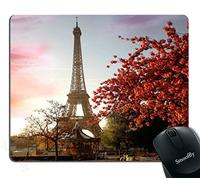 France Paris Spring Morning with Eiffel Tower, Cityscape Red Flower Tappetino Mouse Soffice Tappetini Mouse Base in Gomma Mousemat per Pc Laptop Ufficio 25X30Cm