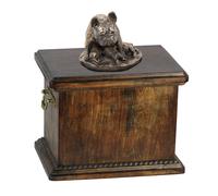 Urna in legno massiccio per le ceneri del cane, con statua del cane.