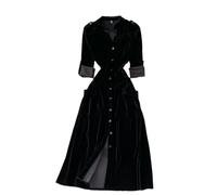 Francese Rétro Donna Velluto Maxi Vestito Camicia Scollo A V Tasto Elegante Neri
