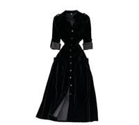 Francese Rétro Donna Velluto Maxi Vestito Camicia Scollo A V Tasto Elegante Neri