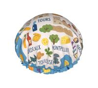 Francia Mappa Con Icone Decorat Stampa Grande Impermeabile Doccia Cofano Per Le Donne Capelli Lunghi, Lavabile Elastico Fascia Bagno Capelli Cappello