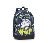 Franco Cosimo Panini WWF - Zaino Scuola Ufficiale WWF, 2 Ampi Vani, 1 Tasca Frontale, 2 Tasche Laterali n Rete, Spallacci Imbottiti, Retro e Fondo Termoformati, Chiusure a Zip, 32x43Hx23cm, Blu